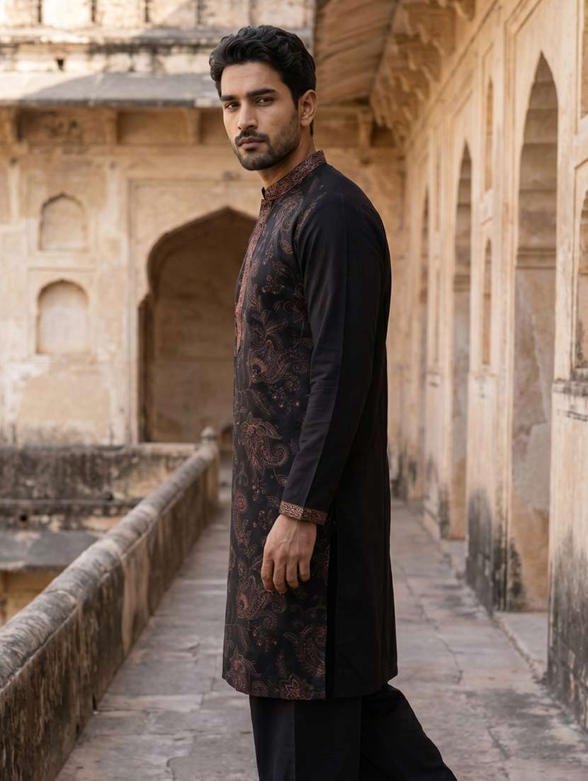 Men Embroidered Mandarin Neck Long Kurta - 22519324 -  Standard Image - 3