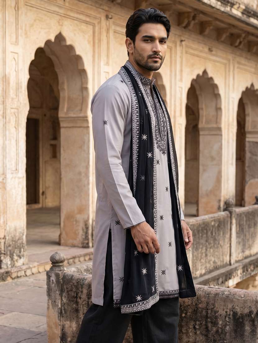 men embroidered mandarin neck long kurta - 22519325 -  Standard Image - 3