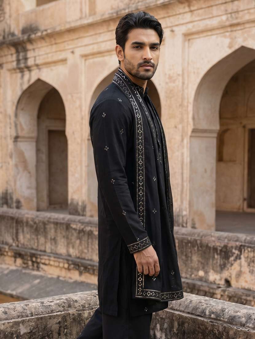 Men Embroidered Mandarin Neck Long Kurta - 22519326 -  Standard Image - 3