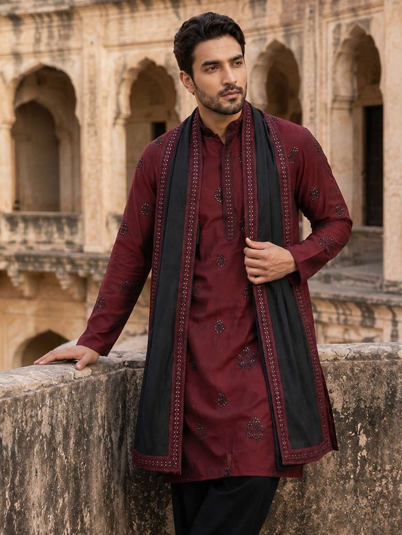 men embroidered mandarin neck long kurta