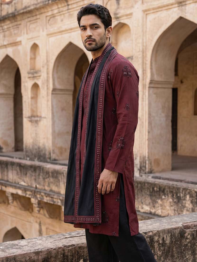 men embroidered mandarin neck long kurta - 22519328 -  Standard Image - 3