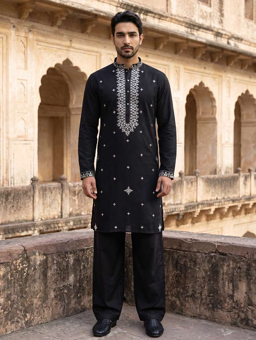 men embroidered mandarin neck kurta pyjama set