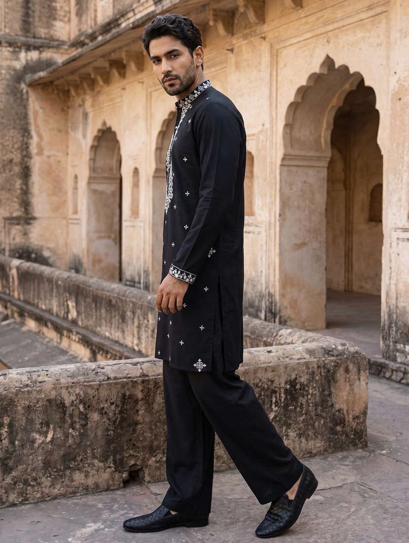 men embroidered mandarin neck kurta pyjama set - 22520083 -  Standard Image - 3