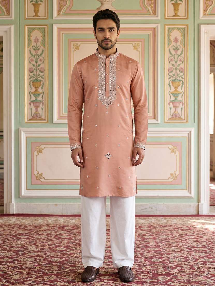 men embroidered mandarin neck kurta pyjama set