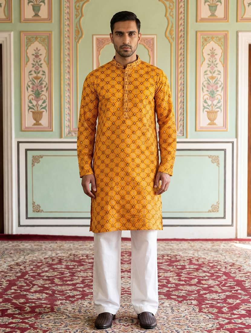 men embroidered mandarin neck kurta pyjama set