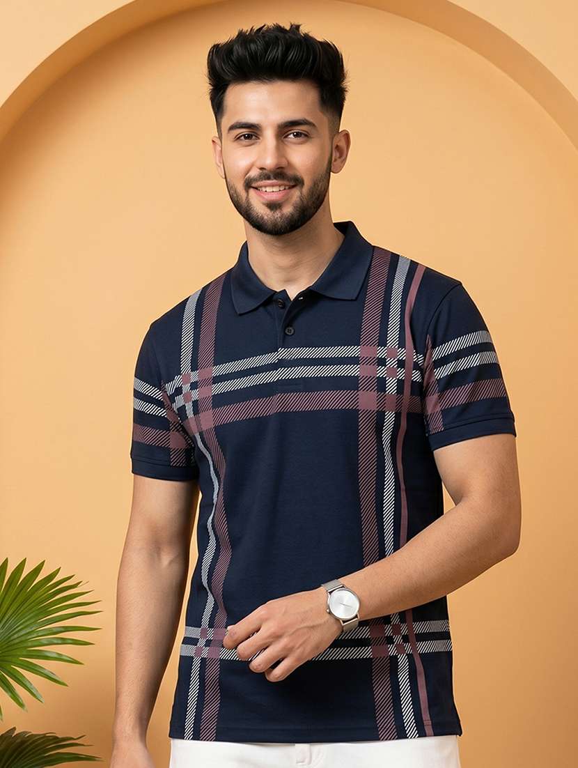 men checkered short sleeve regular fit polo t-shirt
