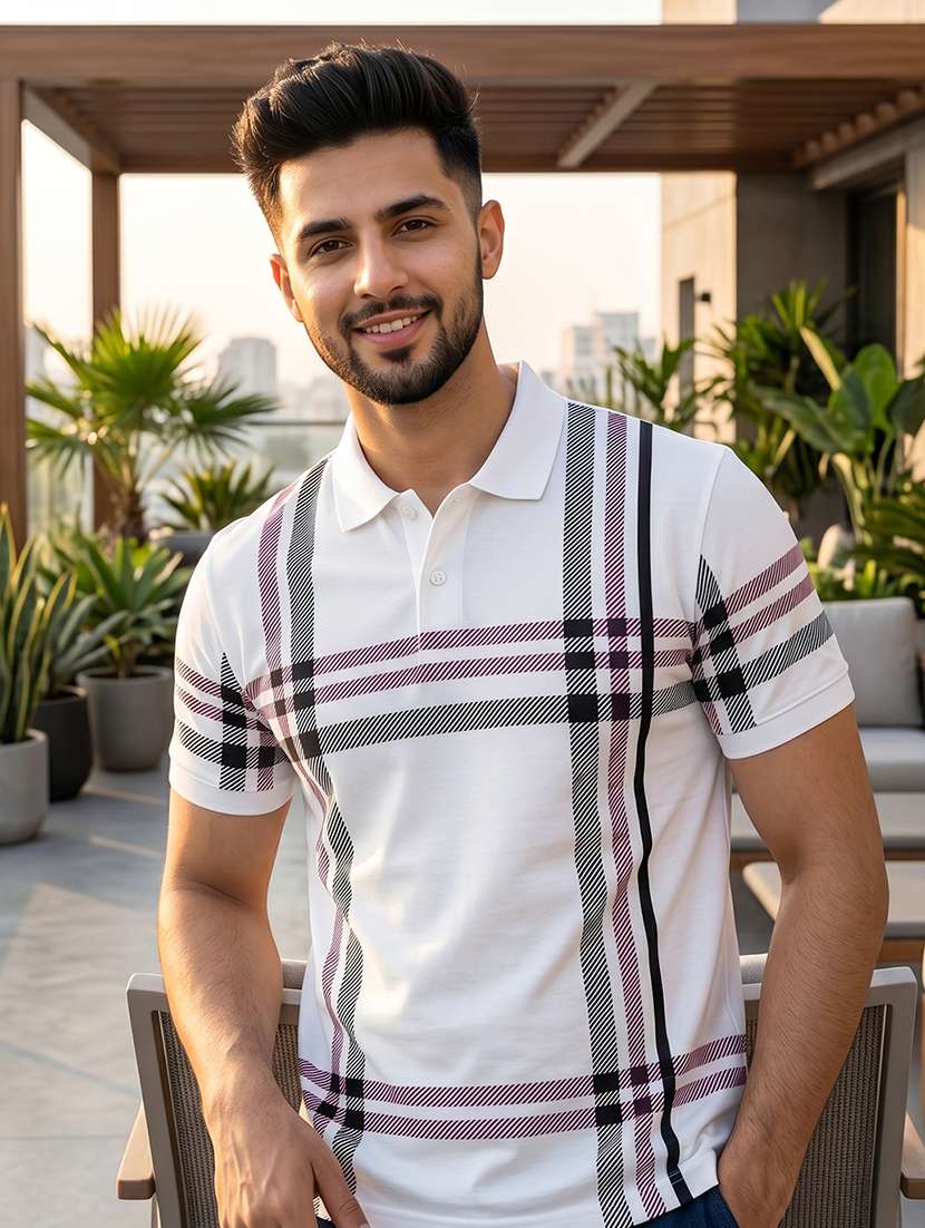 men checkered short sleeve regular fit polo t-shirt