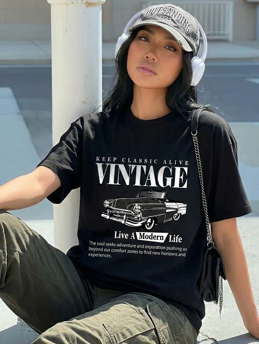 women printed round neck oversized t-shirt