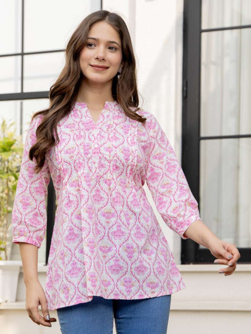 women printed mandarin neck a-line tunic
