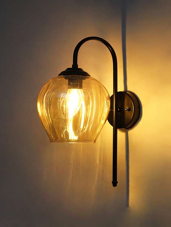 hanging downward amber glass black wall light