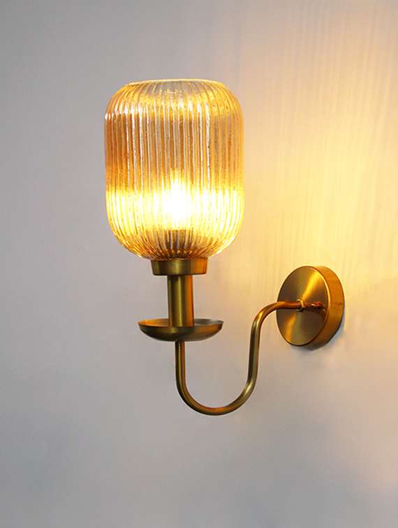 ribbed amber glass curved arm wall lamp