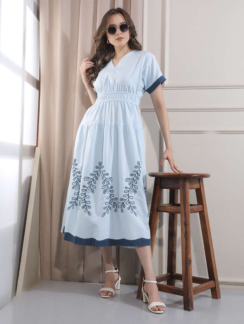 women printed v neck a-line dress