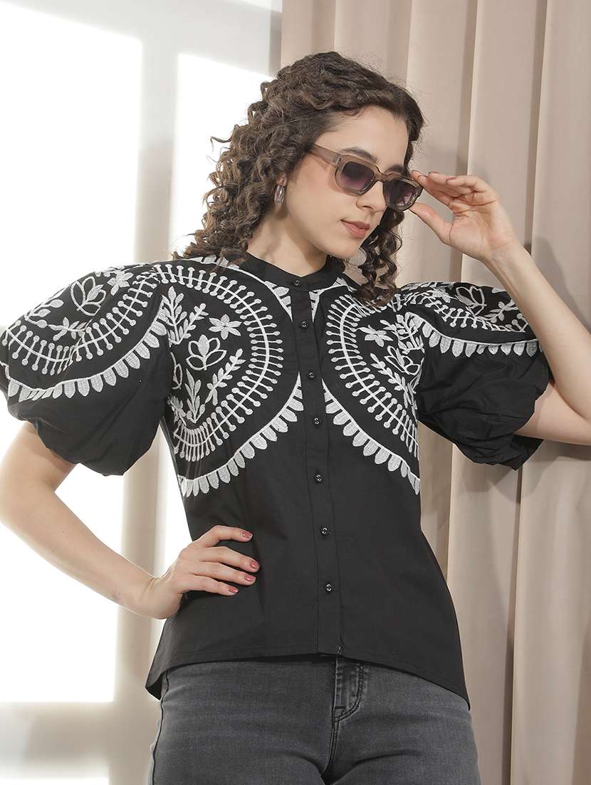 women embroidered mandarin neck regular top