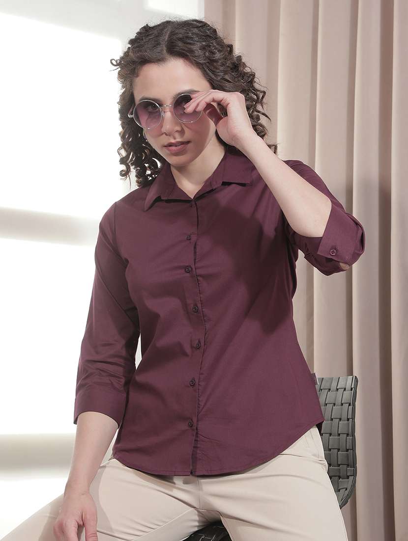 women solid collared regular shirt