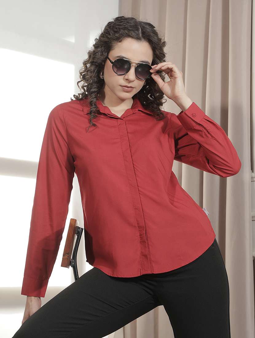 women solid collared regular shirt