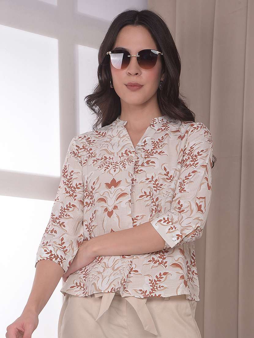 women printed mandarin neck regular top