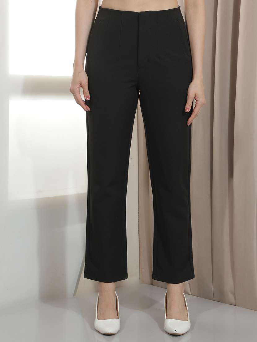 women solid mid rise straight fit trouser
