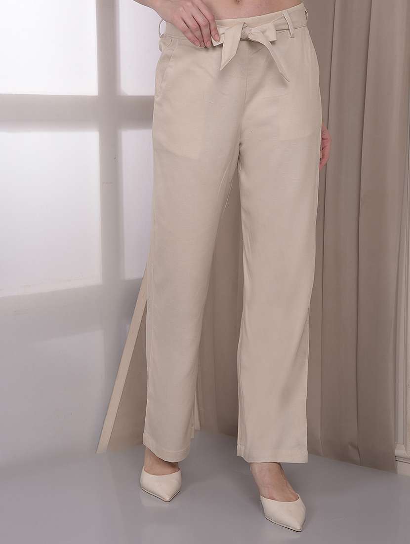 women solid mid rise straight fit trouser