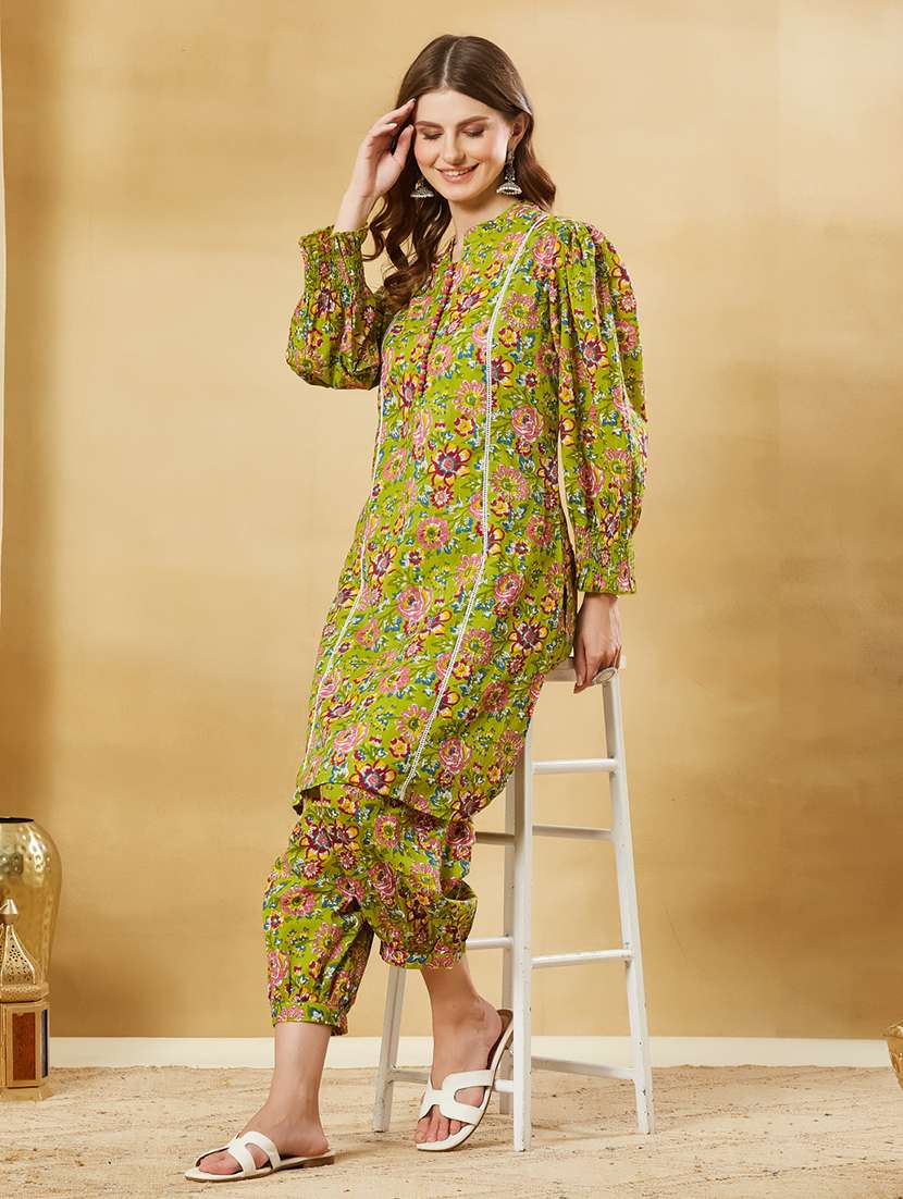 women printed long sleeves kurta salwar set