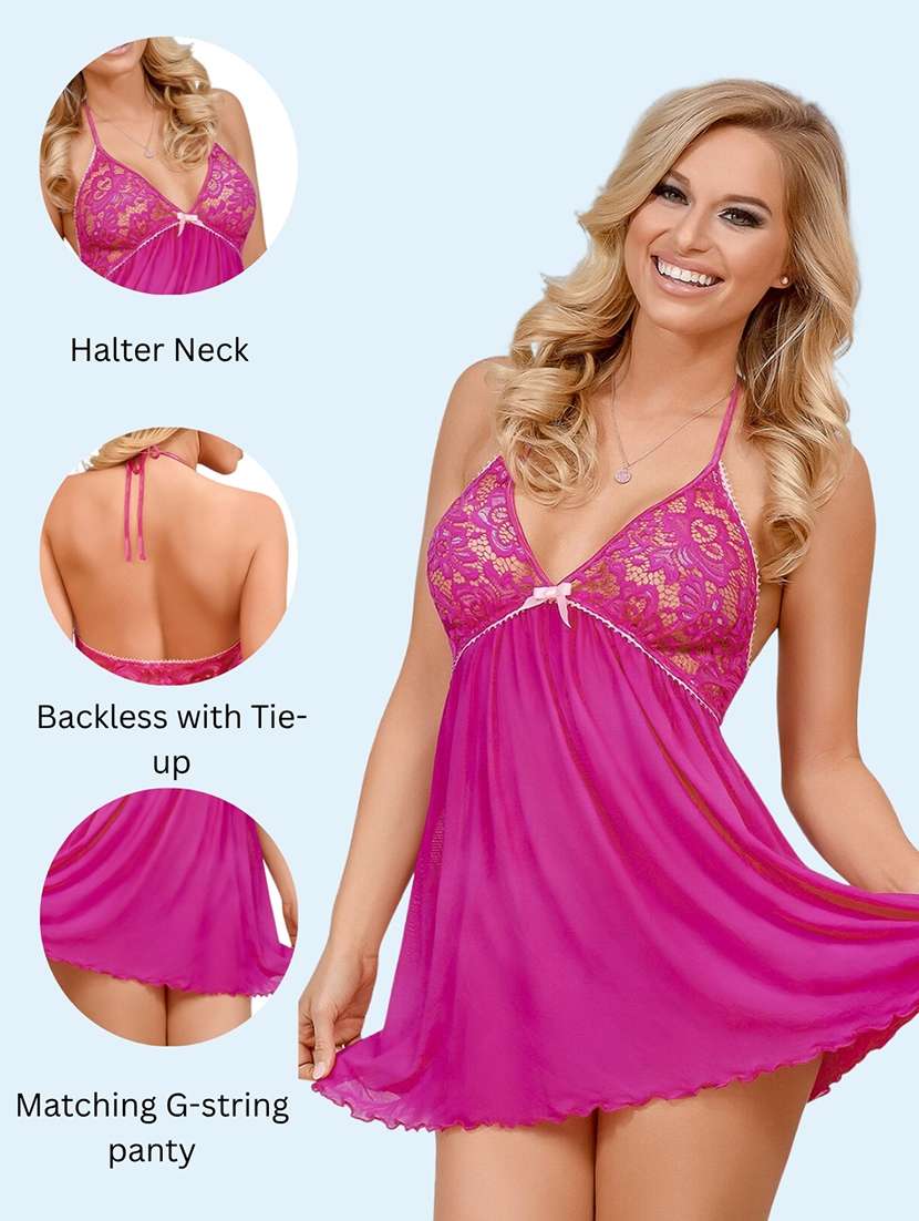 Women Self Design Halter Neck Babydoll Set - 22521207 -  Standard Image - 3