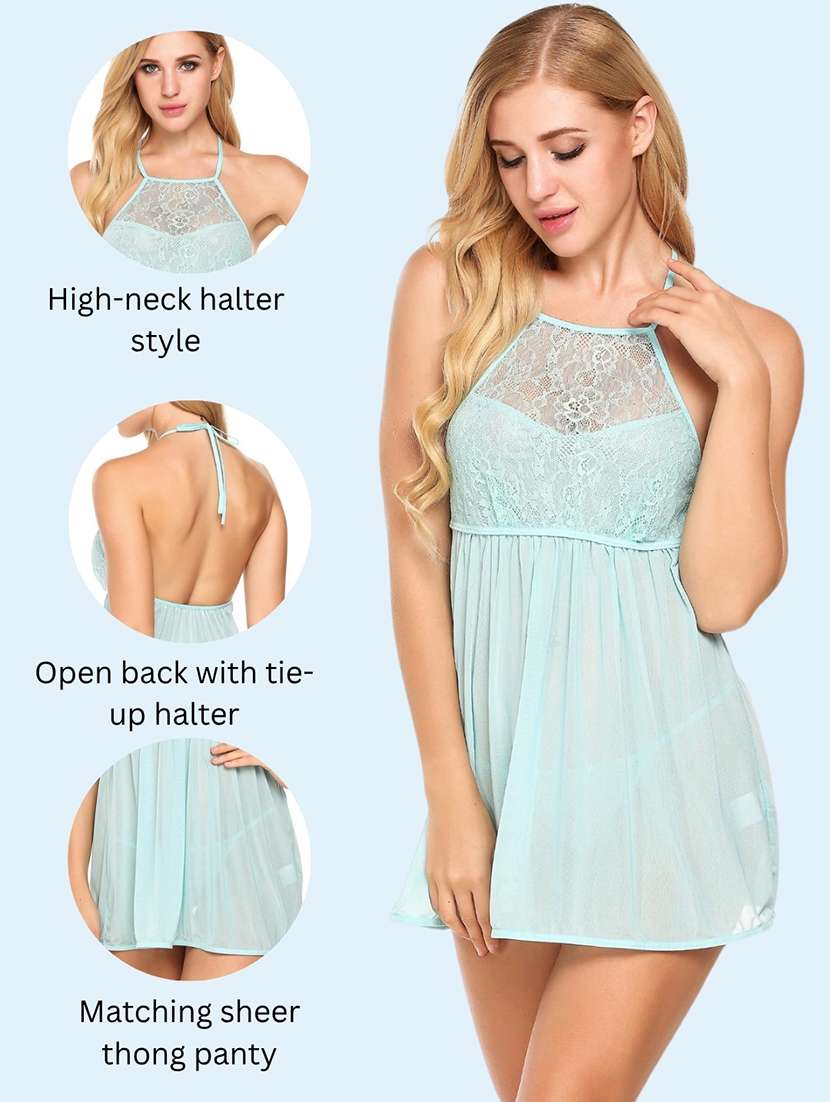 Women Self Design Halter Neck Babydoll Set - 22521215 -  Standard Image - 3