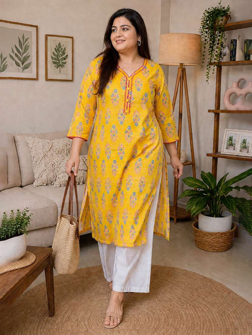 women plus size printed three quarter sleeve straight kurta