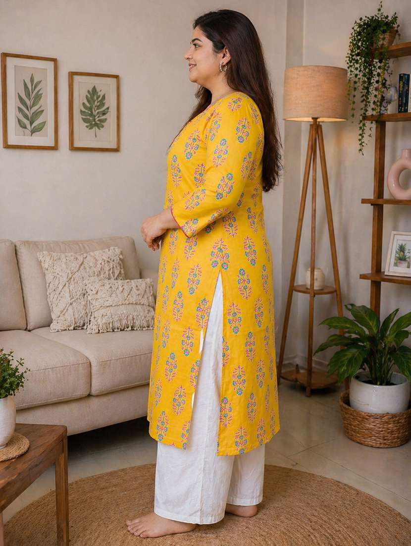 women plus size printed three quarter sleeve straight kurta - 22521350 -  Standard Image - 3