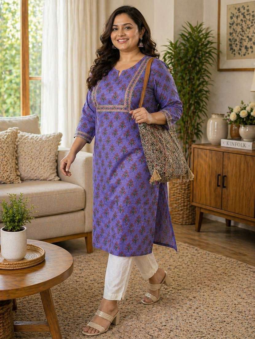 women plus size printed three quarter sleeve straight kurta
