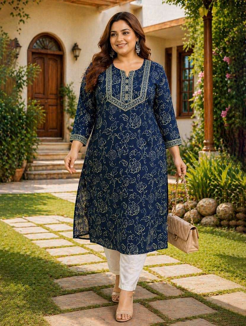 women plus size printed three quarter sleeve straight kurta