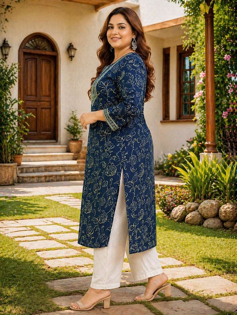 women plus size printed three quarter sleeve straight kurta - 22521355 -  Standard Image - 3