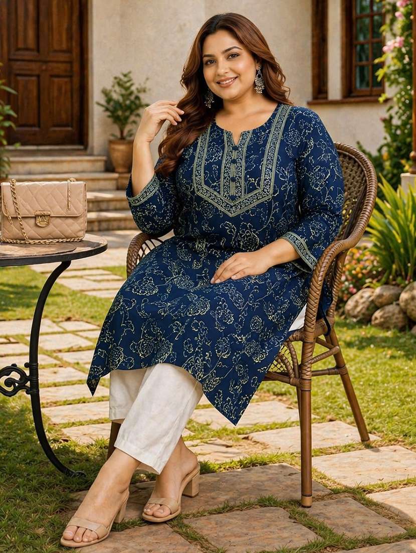 women plus size printed three quarter sleeve straight kurta - 22521355 -  Standard Image - 5