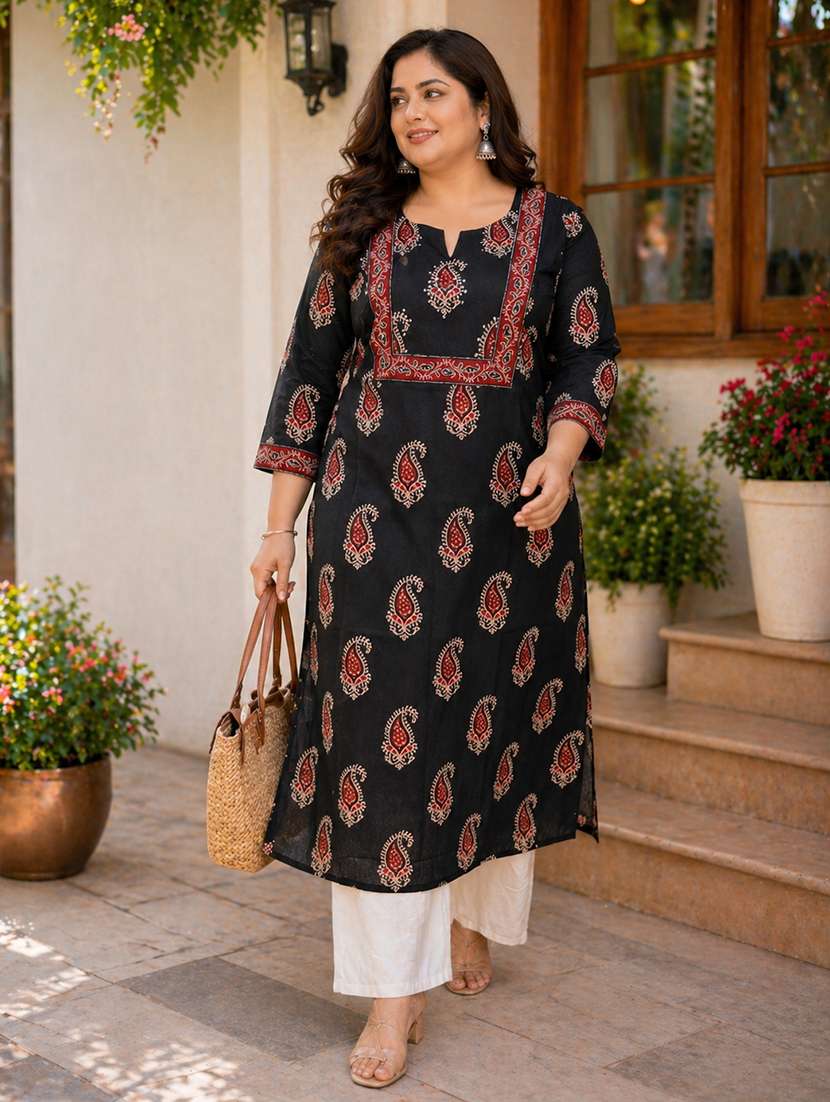 women plus size printed three quarter sleeve straight kurta