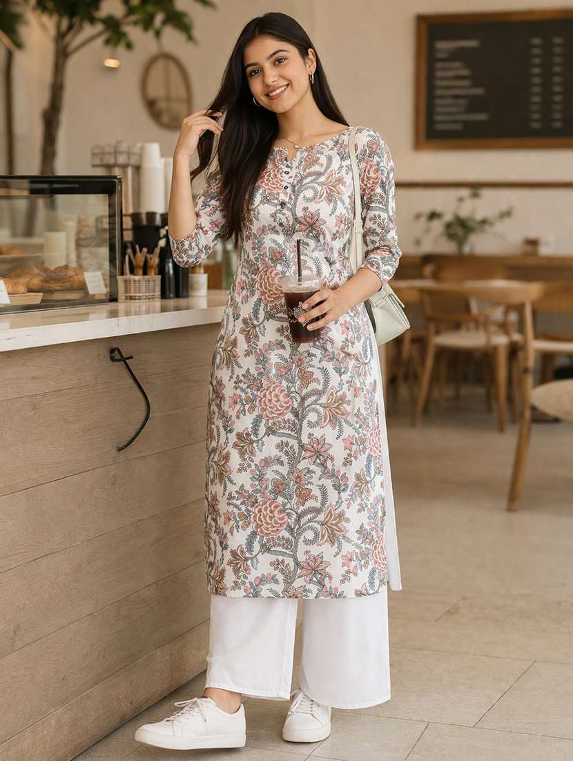 women printed three quarter sleeve straight kurta
