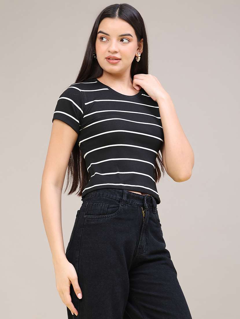 Women Striped Short Sleeves Regular Fit T-shirt - 22522472 -  Standard Image - 3