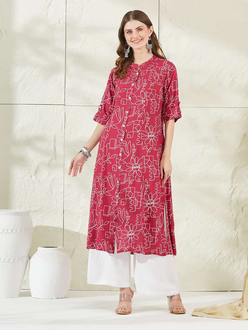 women printed three quarter sleeves a-line kurta 