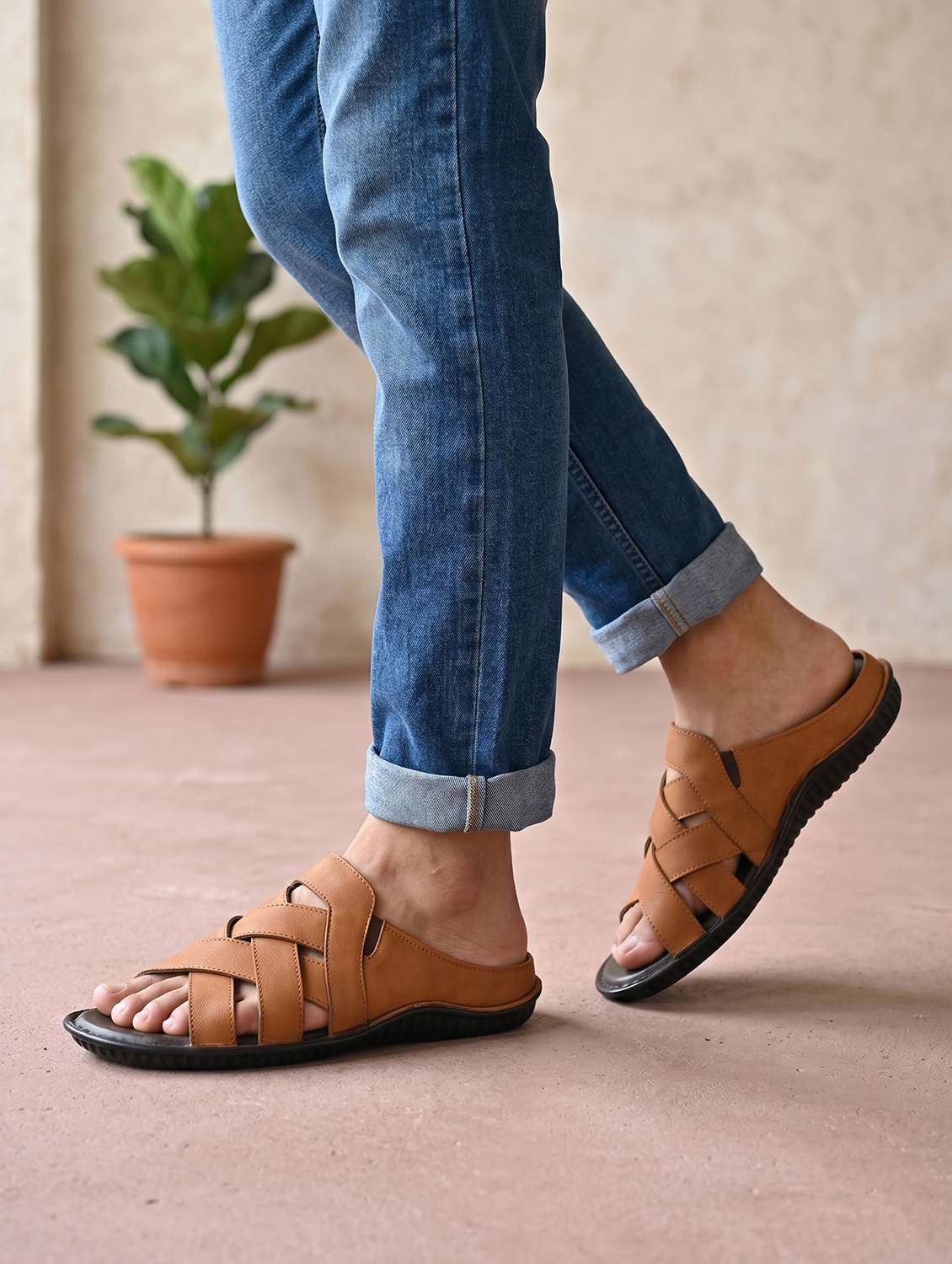 men tan slip on sandal