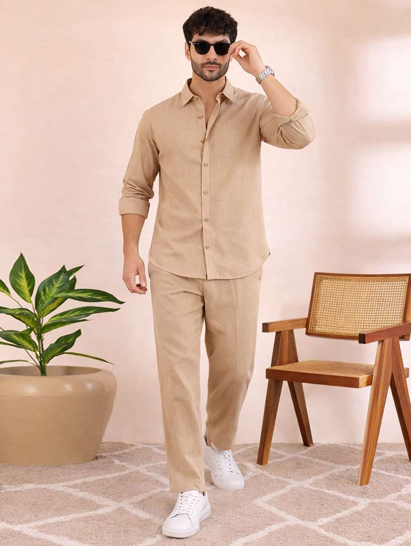 men solid long sleeve shirt & trouser co-ord set