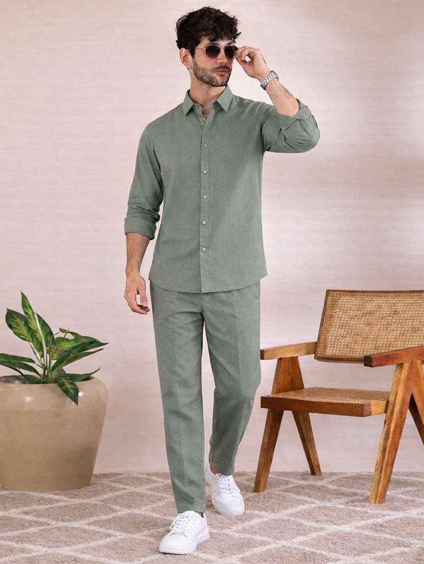 men solid long sleeve shirt & trouser co-ord set