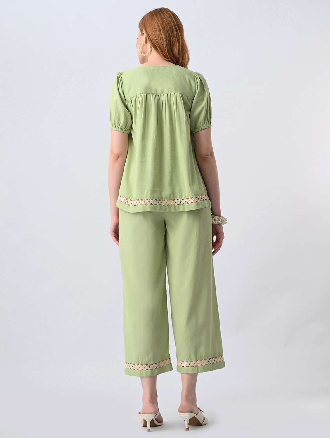 women solid short sleeve top & trouser set co-ord - 22522604 -  Standard Image - 3