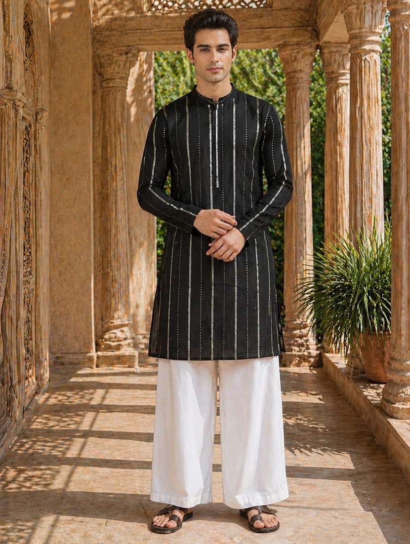 men embroidered mandarin neck kurta pyjama set