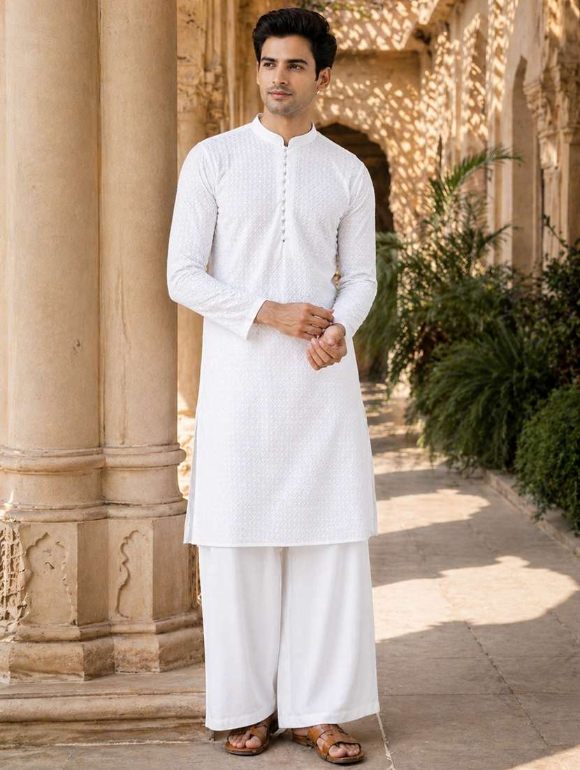 men embroidered mandarin neck kurta pyjama set