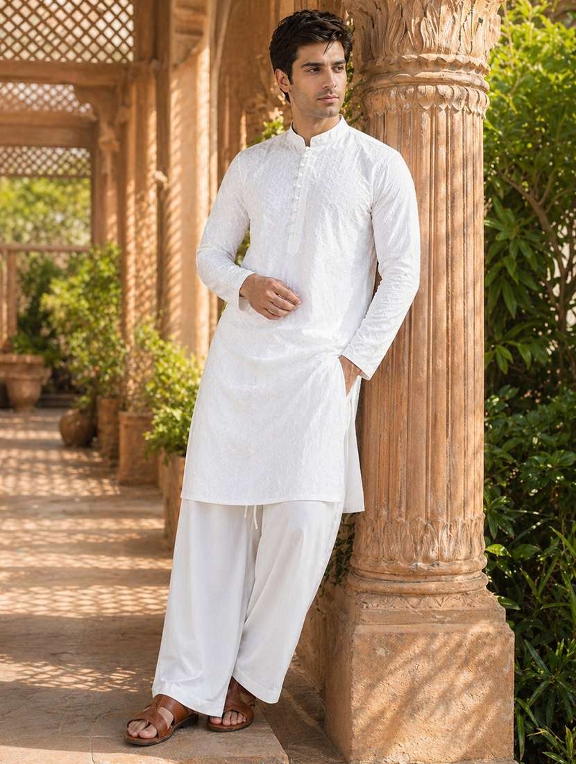 men embroidered mandarin neck kurta pyjama set