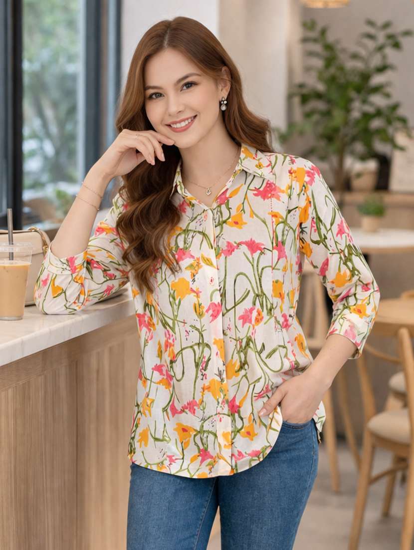 women printed three quarter sleeve shirt