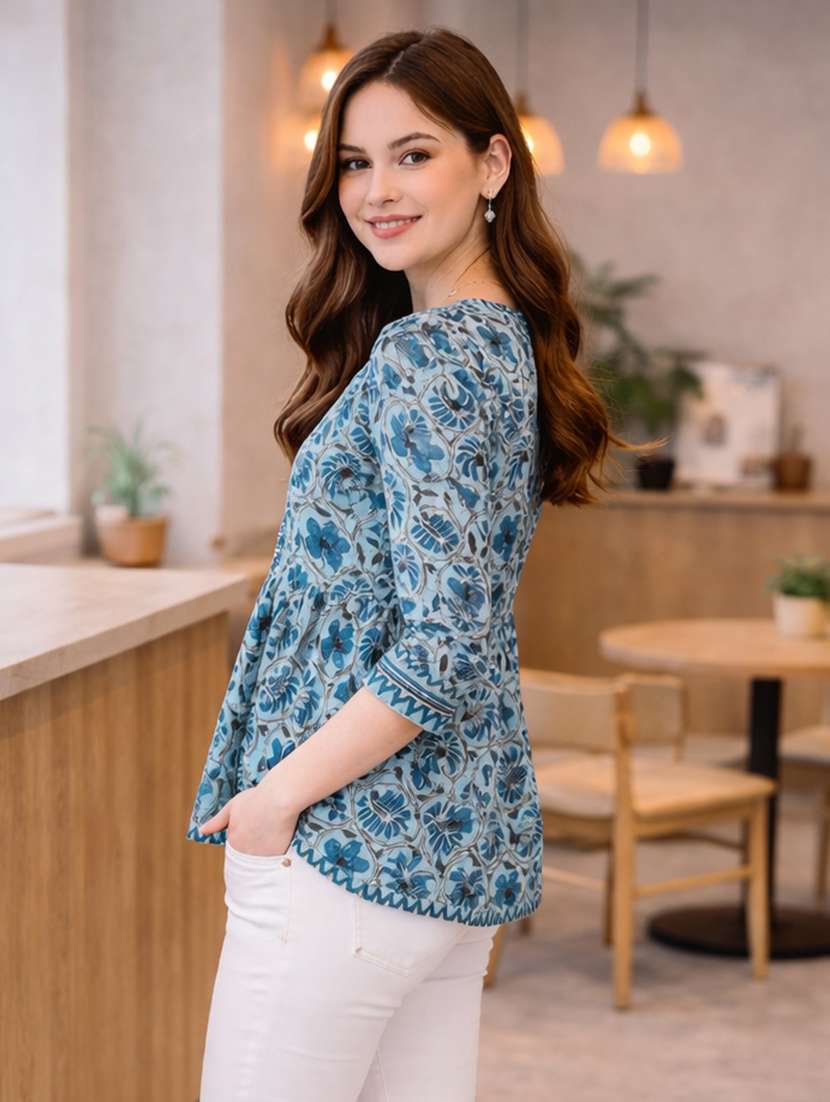 Women Printed Three Quarter Sleeve Ethnic Top - 22522645 -  Standard Image - 3