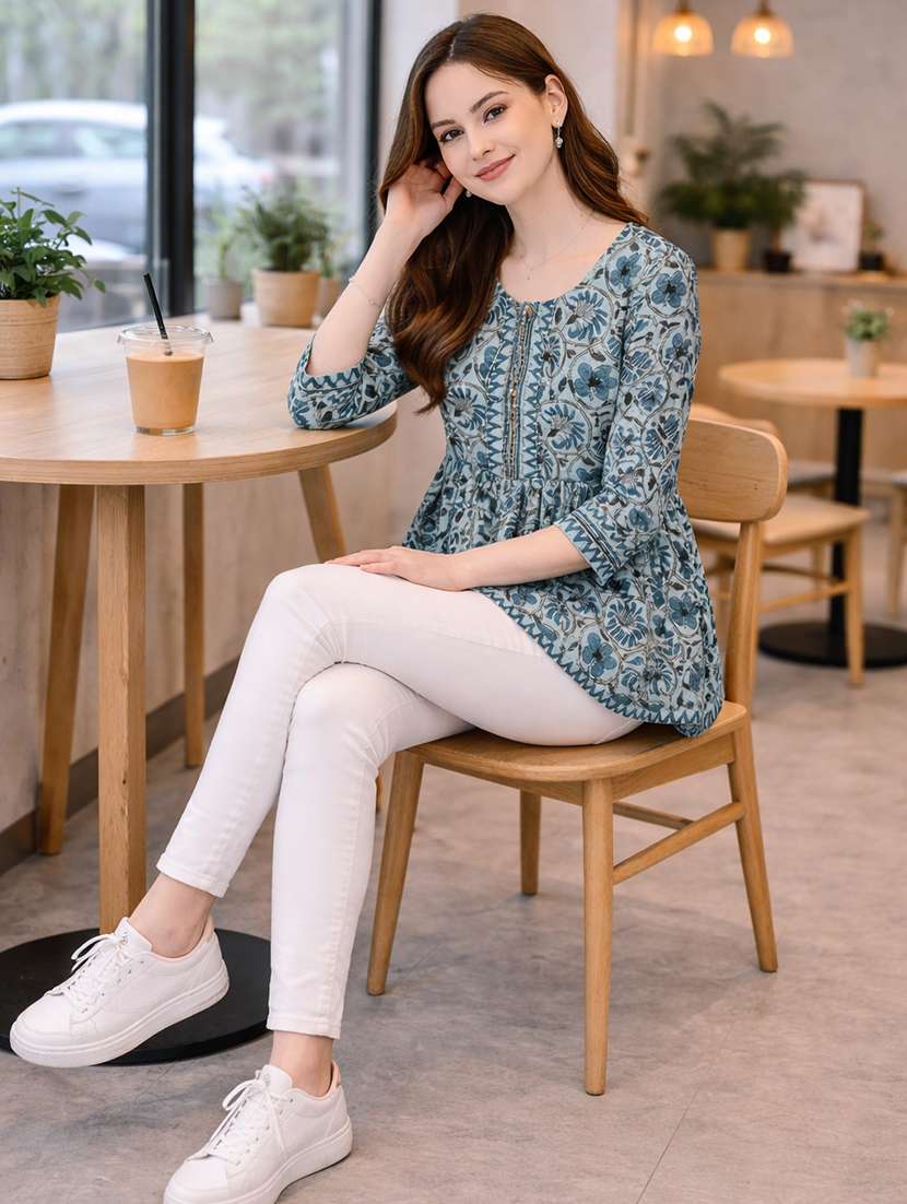 Women Printed Three Quarter Sleeve Ethnic Top - 22522645 -  Standard Image - 5