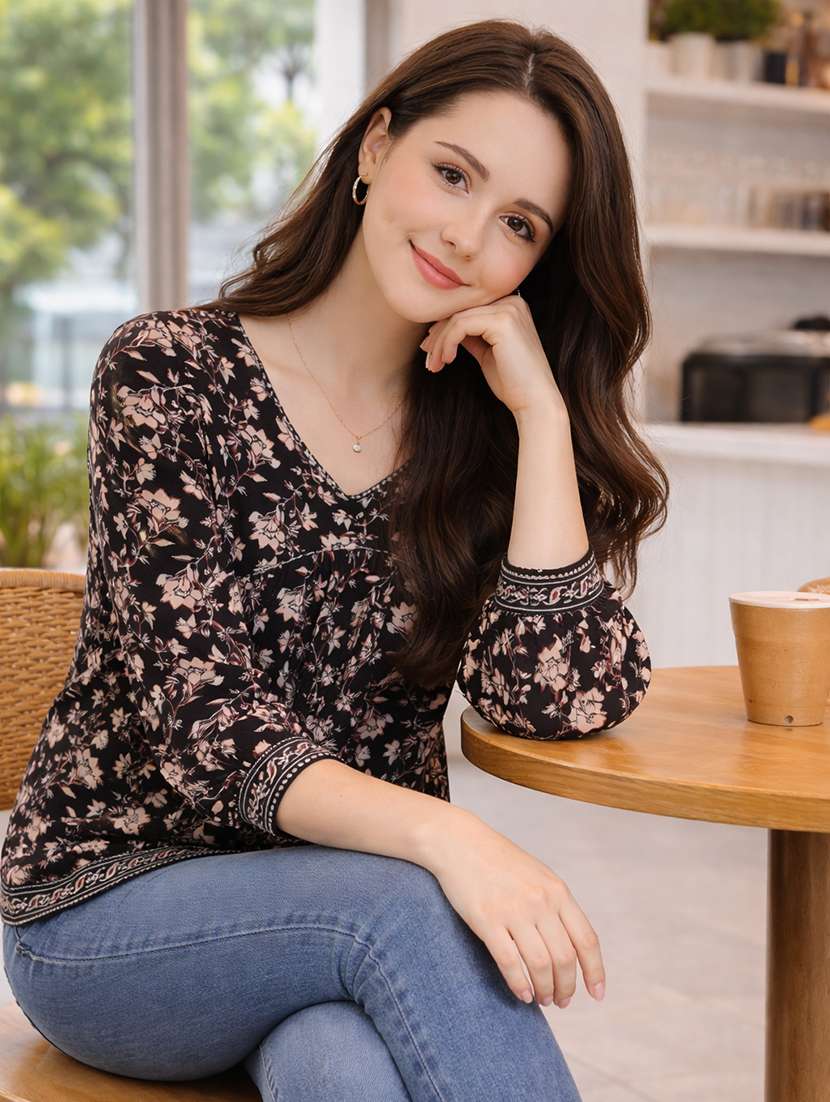 women printed three quarter sleeve ethnic top - 22522647 -  Standard Image - 5