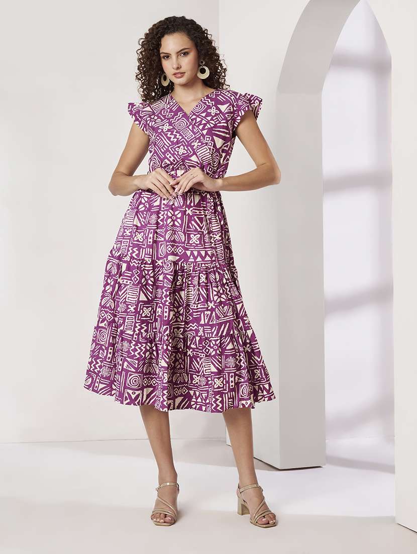 women printed ruffle sleeves tiered dress