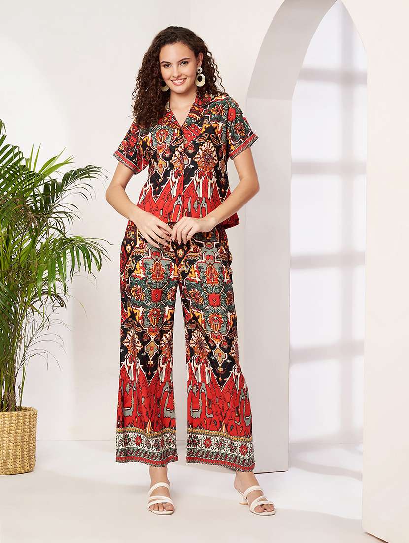 women printed collared shirt and trouser co-ord set