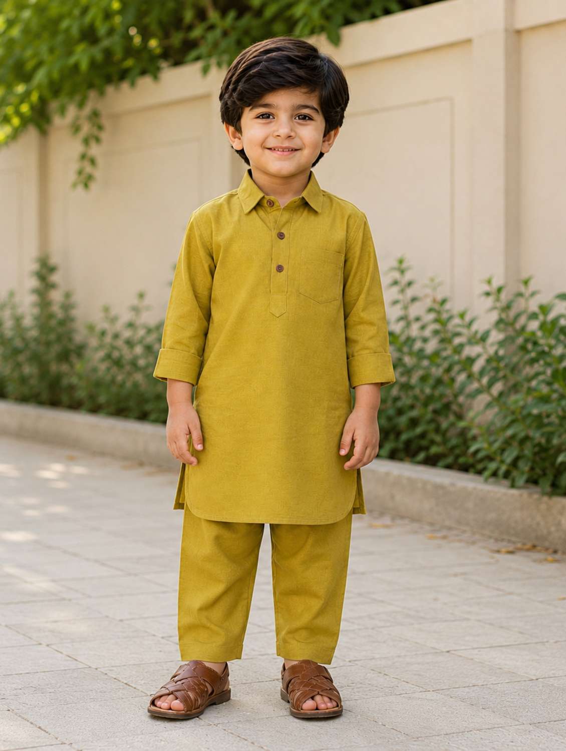 boys solid collared pathani kurta pyjama set