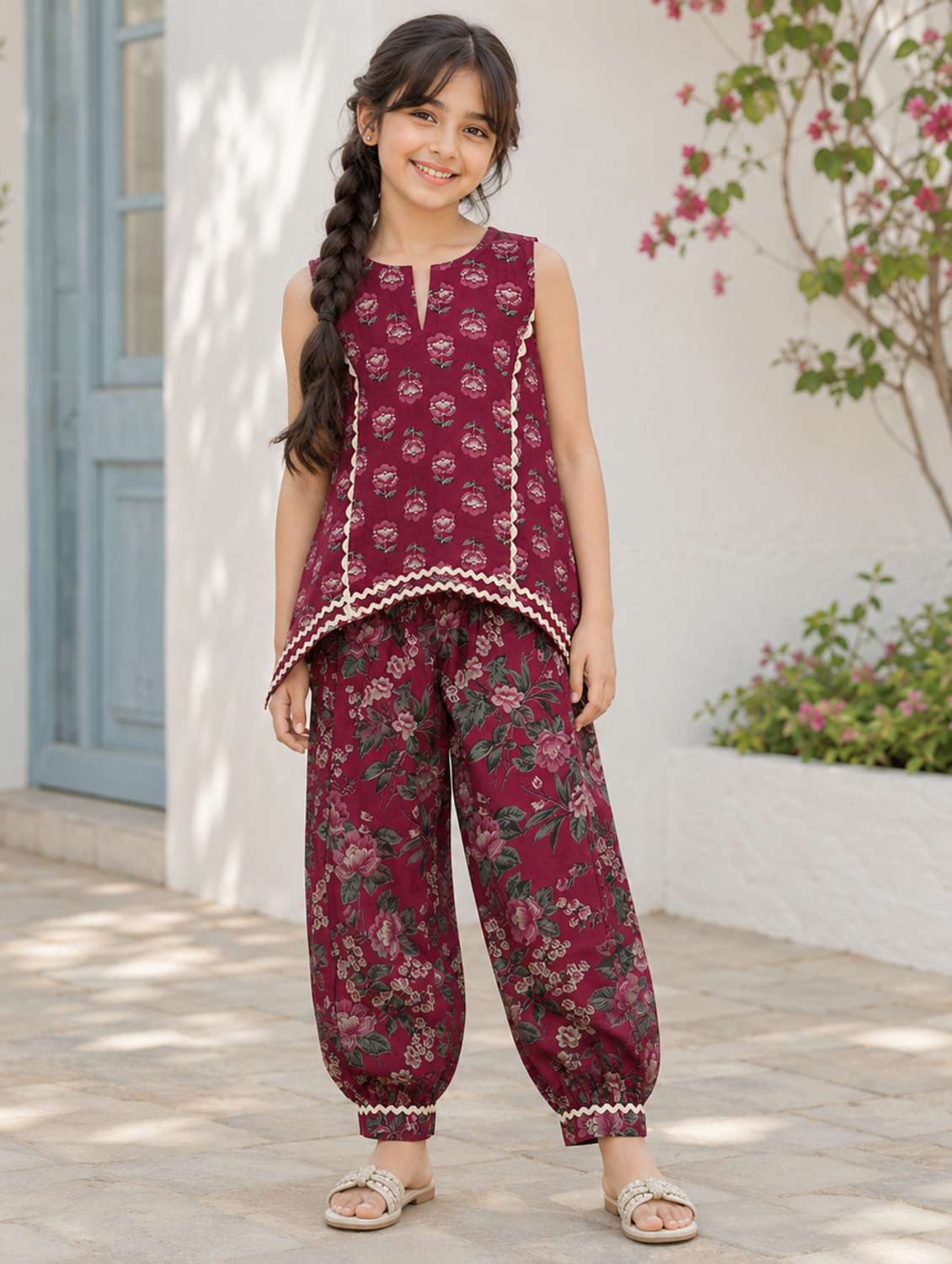 girls printed round neck kurta and salwar set